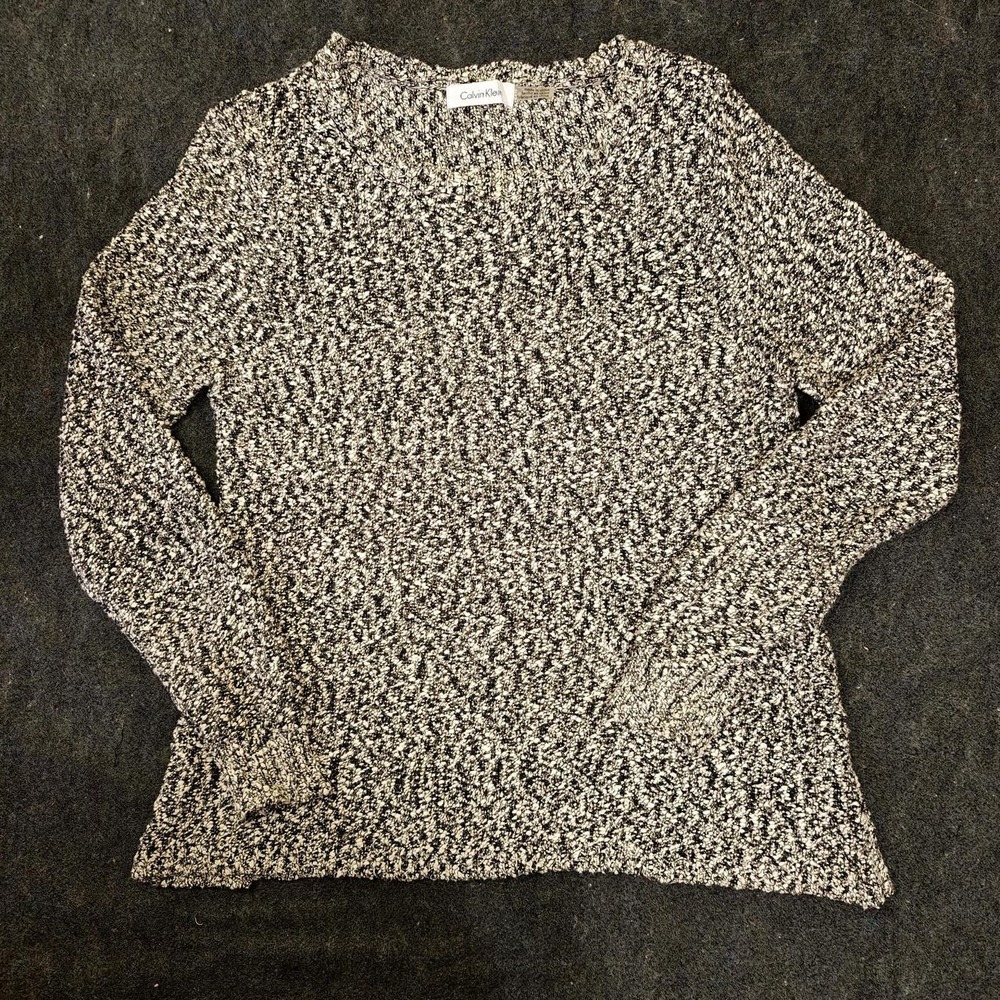 Calvin Klein Womens Small Black White Marled Textured Knit Scoop Neck Sweater